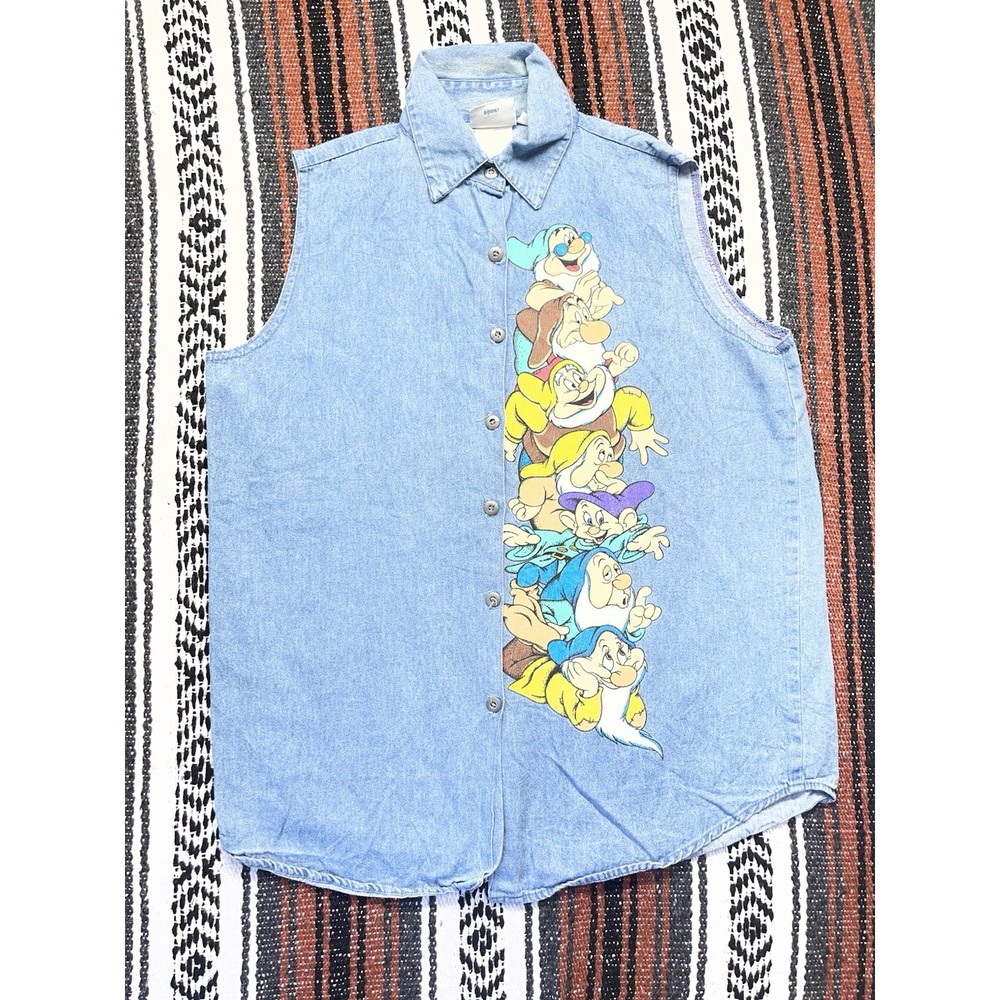 Vtg 90s Disney Seven Dwarfs Denim Vest Shirt Size M Blue Made USA Jerry Leigh